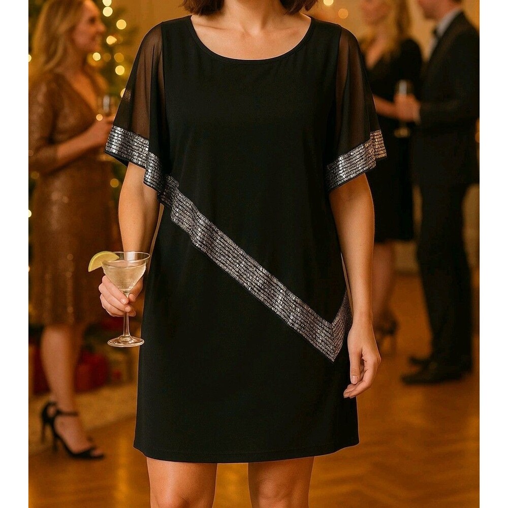 SLNY Dress Women's Size 8 Black Sequin Overlay Cape Trim Cocktail Party Holiday